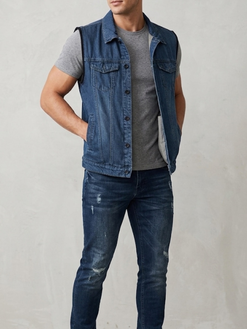 RUDE Brand Distressed Sleeveless Denim Vest - Size Large